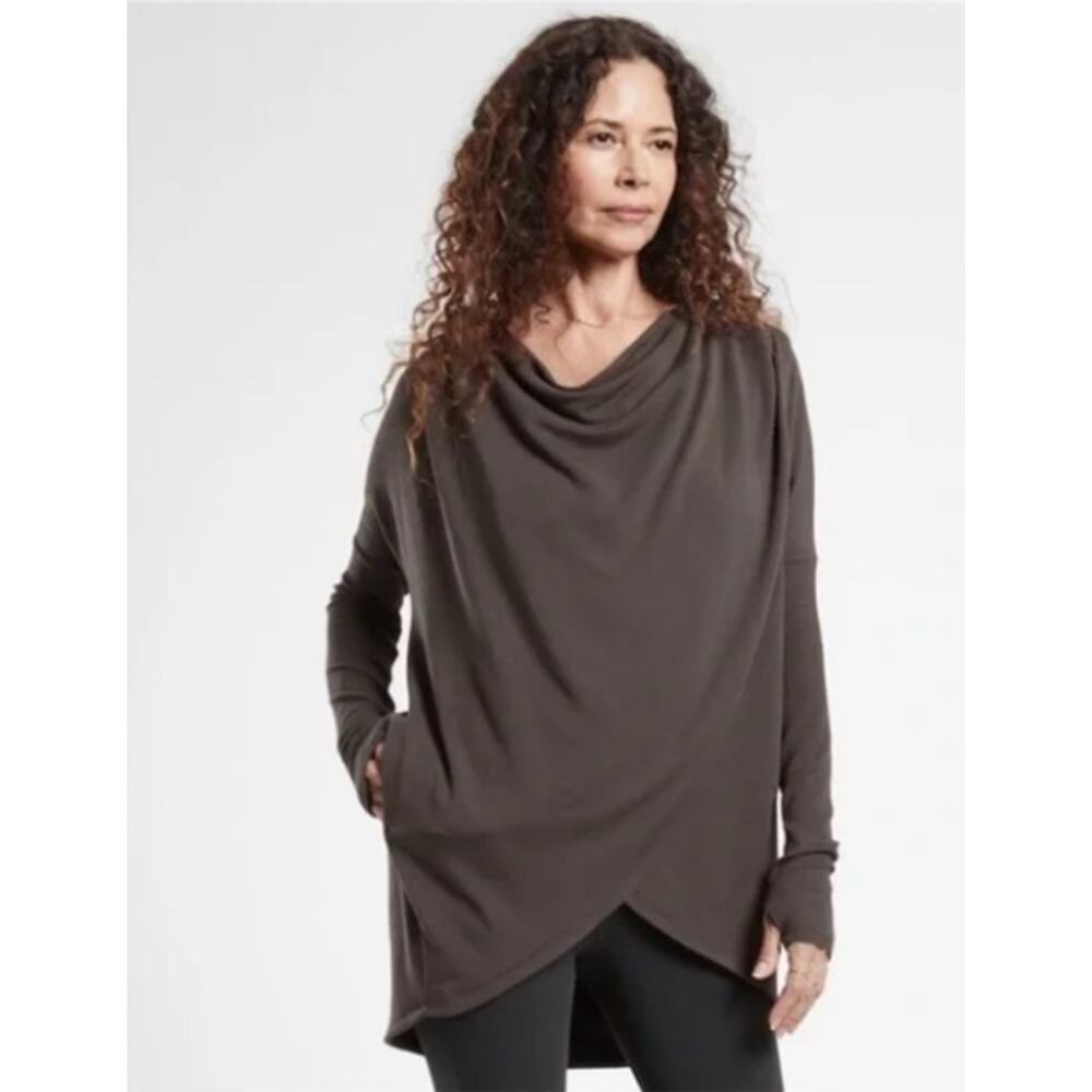 Athleta S walnut brown Purana wrap sweatshirt hoodie long sleeve cozy warm soft